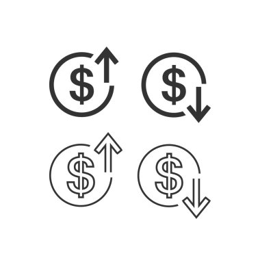 Düz çizgi simgesinde dolar işareti olan yukarı ve aşağı oklar beyaz arkaplan üzerine dizayn edildi. Vektör