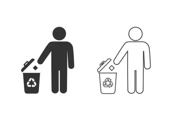 Poubelle homme et poubelle avec icône de ligne de recyclage réglée isolée sur fond blanc. Vecteur — Image vectorielle