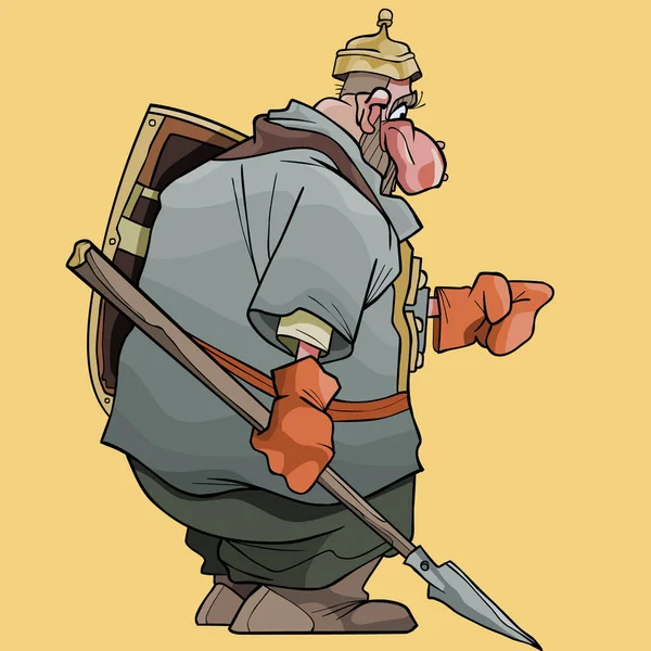 卡通童话男子战士与长矛和盾牌 站在侧身和他的手指点 — 图库矢量图片
