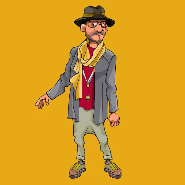 Hombre Dibujos Animados Hipster Sombrero Bufanda Sobre Fondo Amarillo — Archivo Imágenes Vectoriales