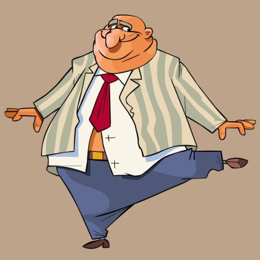 şen şakrak karikatür kel şişko bir takım elbiseyle dans ediyor