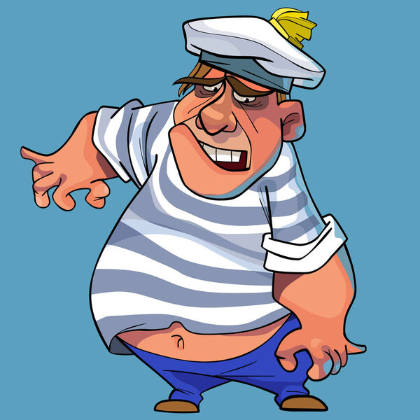 cartoon angry sailor in a vest pulls his hand away
