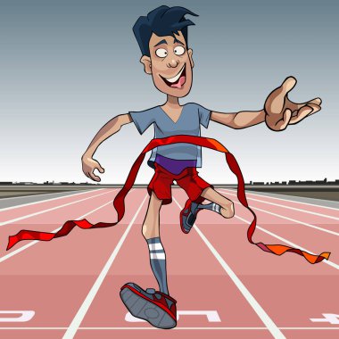 çizgi film neşeli adam ilk bitiş çizgisine ulaşır ve kırmızı kurdele ripleri