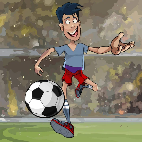 Dibujos Animados Alegre Jugador Fútbol Masculino Corriendo Con Una Pelota — Vector de stock