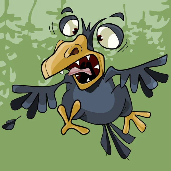 Kreslený Legrační Crow Zuří Otevřít Zubatý Zobák Lese — Stockový vektor