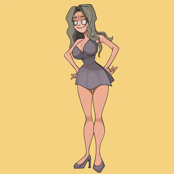 Mujer Dibujos Animados Vestido Corto Está Pie Con Los Brazos — Vector de stock