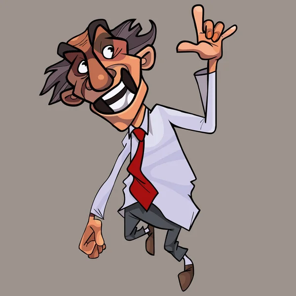 Dibujos Animados Salta Feliz Hombre Corbata Muestra Los Cuernos Gesto — Vector de stock