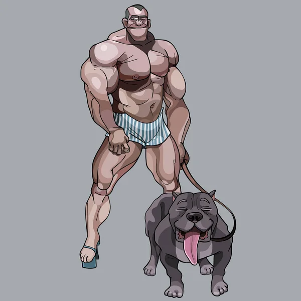 Komischer Bodybuilder Kurzen Hosen Und Mit Hund Der Leine — Stockvektor