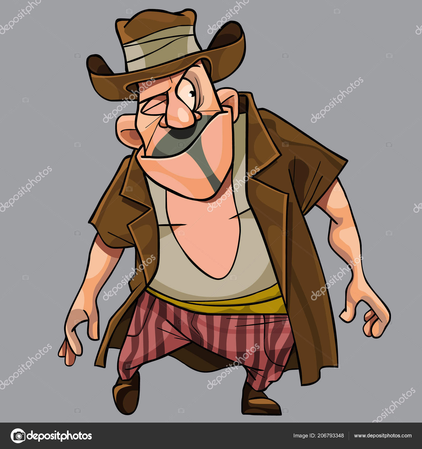 Cartoon Funny Cunning Squinting Man Robber Hat Stock Vector