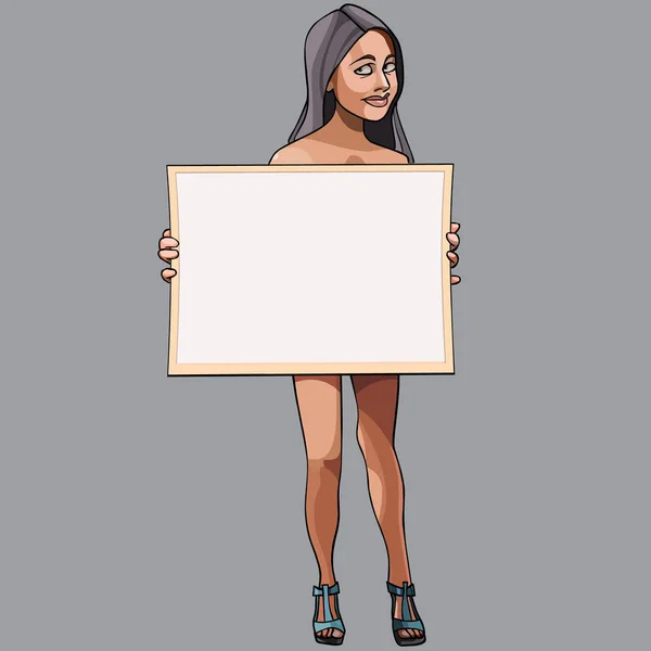 灰色の背景に長方形の空看板を保持している美しい女性を漫画します — ストックベクタ