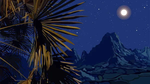 drawn night landscape of palm leaves on background of mountains