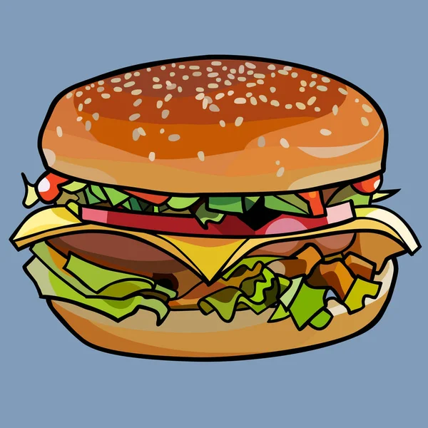 Kartun Digambar Cheeseburger Sandwich Dengan Keju Dengan Daging Dan Sayuran - Stok Vektor