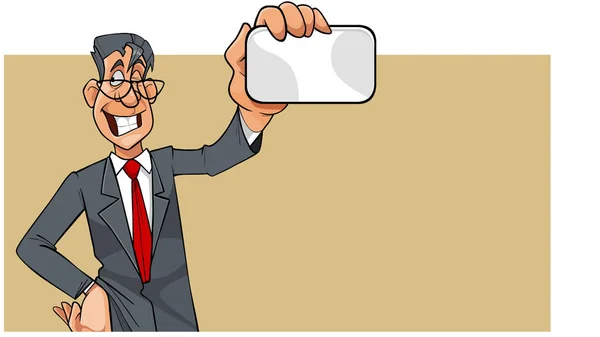 Cartoon Smiling Man Suit Tie Glasses Showing Blank Card — Stock Vector