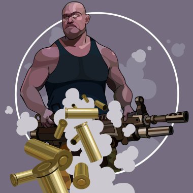 çizgi film güçlü adam büyük otomatik silah ve çıkış yapan kollu