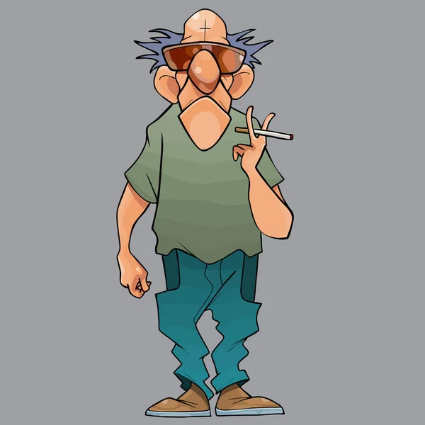 Cartoon Careca Homem Sério Com Cigarro Sua Mão Fundo Cinza — Vetor de Stock