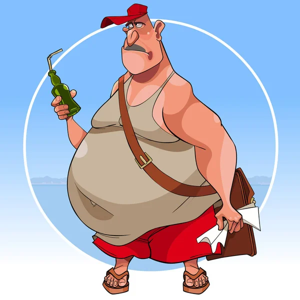 动画片哀伤的肥胖人在夏天衣裳用瓶子在他的手 — 图库矢量图片