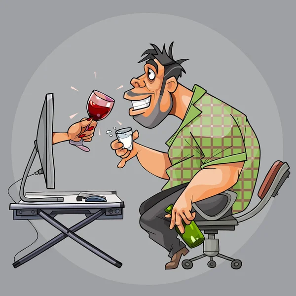 Cartoon Man Drinking Virtual Woman Sitting Computer — Stock Vector