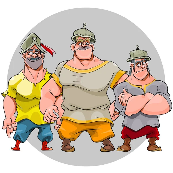 Three Cartoon Funny Character Men Knightly Helmets — Stock Vector