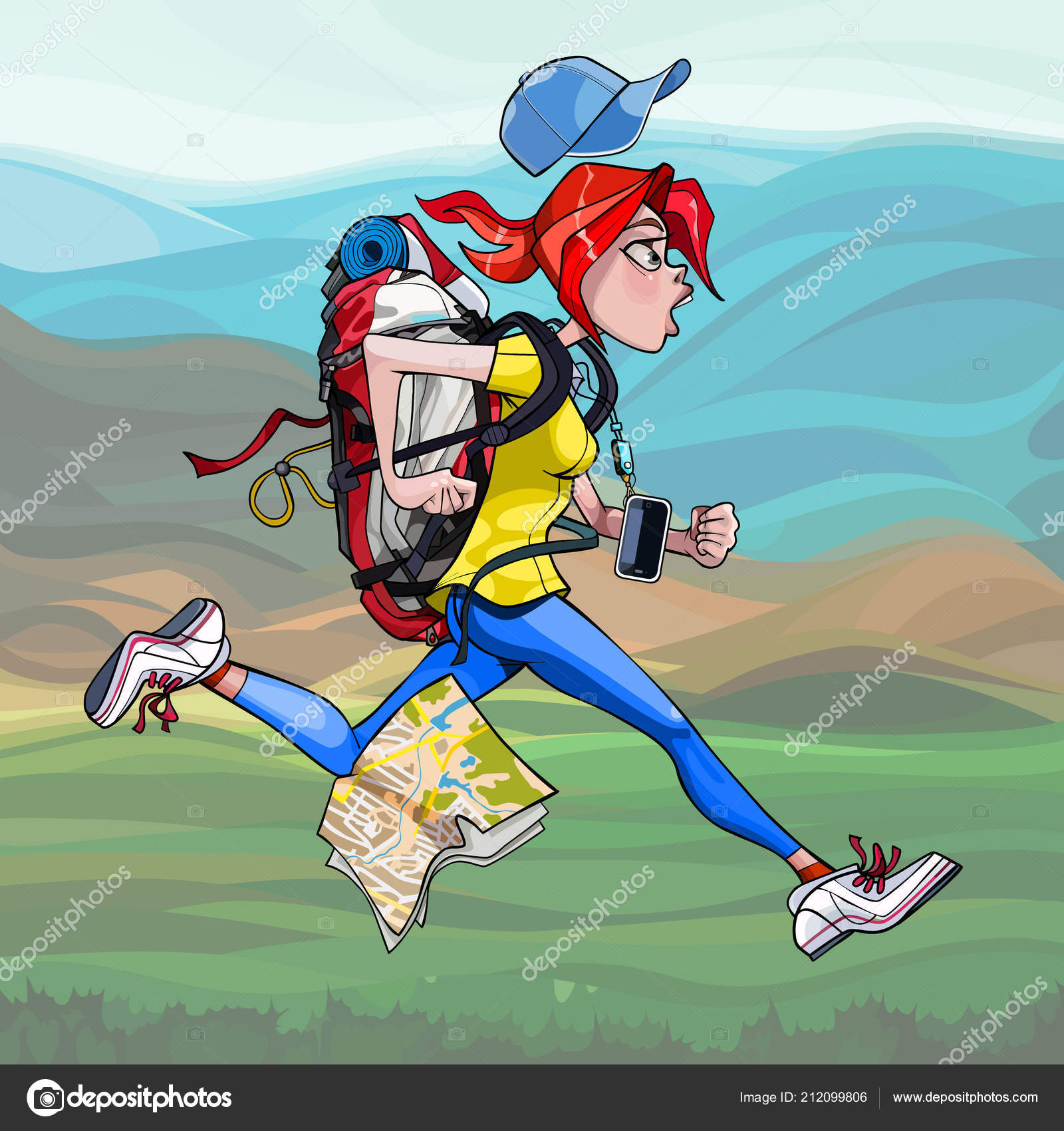 Image vectorielle Dessin Animé Femme Touriste Avec Sac Dos Drôle