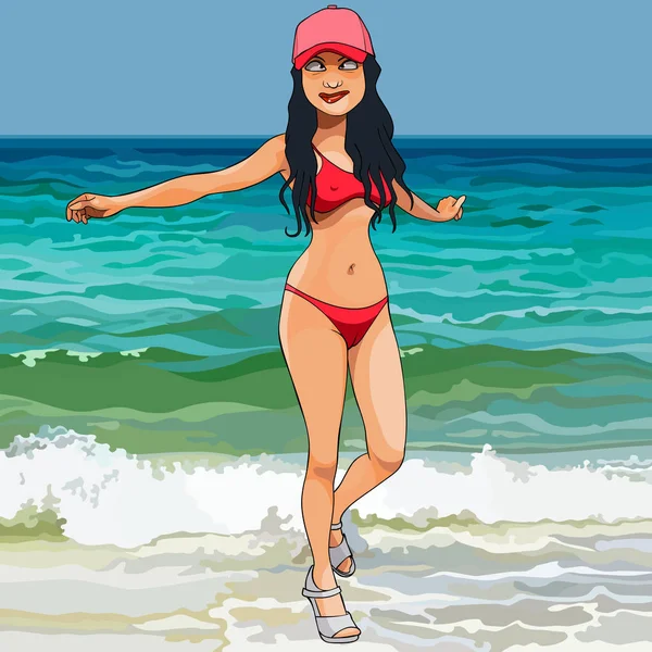 ビーチでぶらぶらと赤い水着の漫画面白い女性 — ストックベクタ