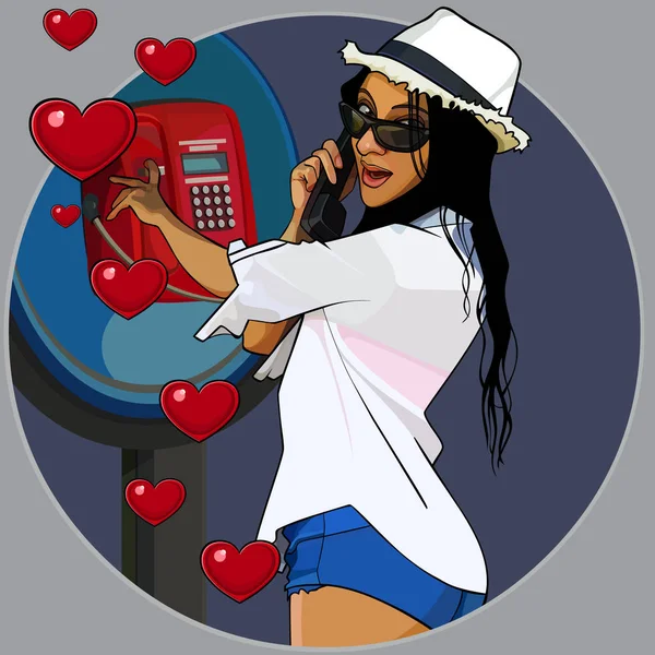 公衆電話から呼び出す抽象化漫画愛する陽気な女性 — ストックベクタ