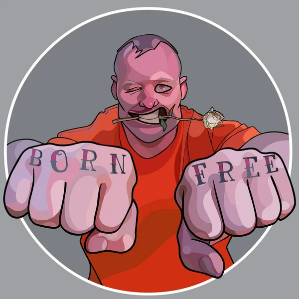 Cartoon Funny Man Flower His Teeth Tattoo_Born Free_ — Wektor stockowy