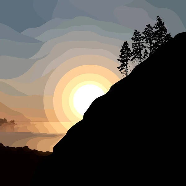 Silhouette Peinte Une Montagne Avec Des Arbres Sur Fond Coucher — Image vectorielle