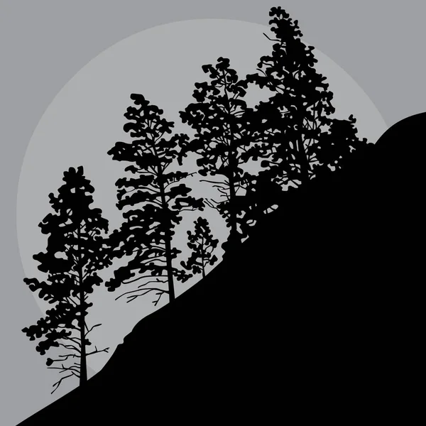 Malowane Sylwetki Drzew Zboczu Góry Szare Niebo — Wektor stockowy