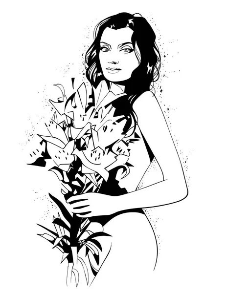 Hermosa Mujer Con Ramo Flores Dibujadas Estilo Grunge — Vector de stock