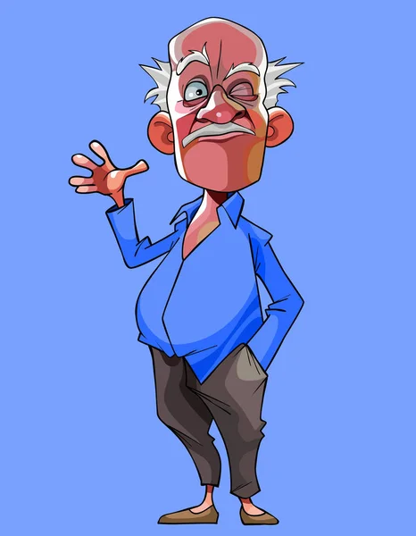 Hombre Pelo Gris Dibujos Animados Viejo Una Camisa Azul Guiña — Vector de stock