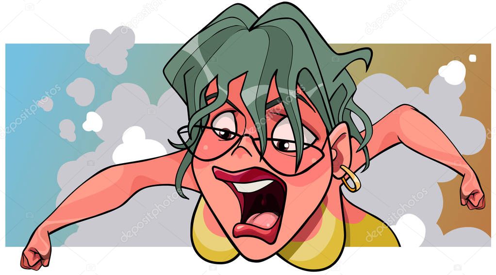 cartoon aggressive angry woman in glasses screaming looking down
