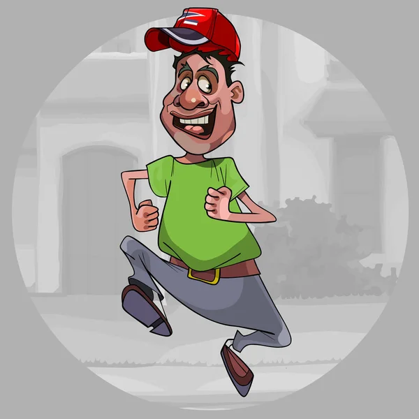 Desenho animado surpreendido homem em um boné correndo rapidamente pela rua — Vetor de Stock