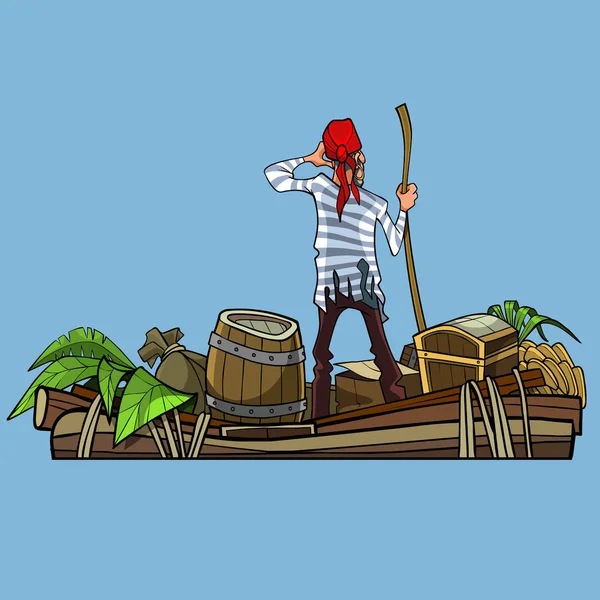 Hombre Dibujos Animados Pirata Barco Con Tesoros Sobre Fondo Azul — Vector de stock