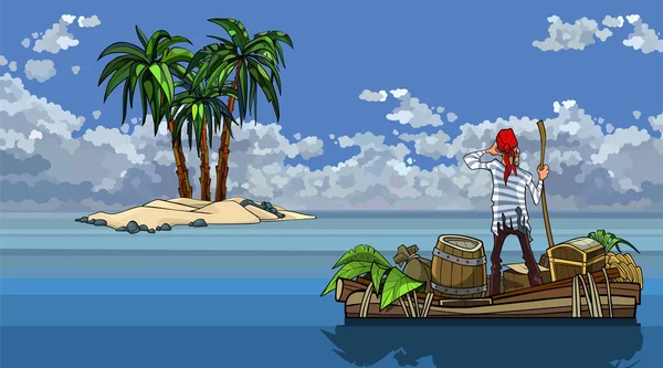 過去の島海の宝物とボートに乗って泳ぐ漫画男 — ストックベクタ