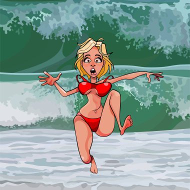 büyük bir dalga uzak karikatür komik kadın kırmızı bir mayo içinde çalışır