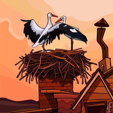 iki leylek günbatımı aydınlatmada bir evin çatısında bir yuvada karikatür