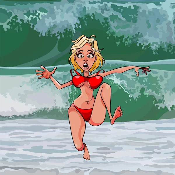 Cartoon Funny Woman Red Bathing Suit Runs Away Big Wave — Stock Vector