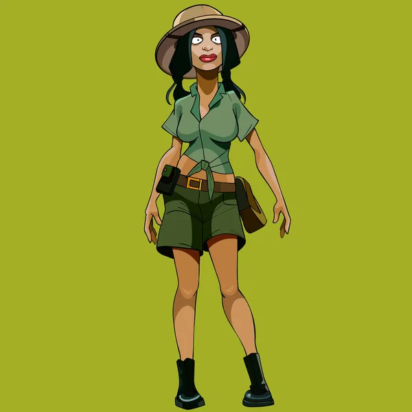 Cartoon Woman Traveler Cork Helmet Green Background — Stock Vector