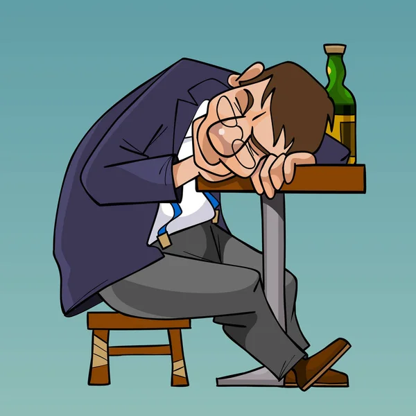 Hombre Borracho Dibujos Animados Traje Durmió Sentado Mesa — Vector de stock