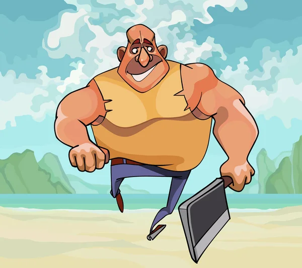 动画片肌肉的人运行与斧头在他的手运行沿海滩 — 图库矢量图片