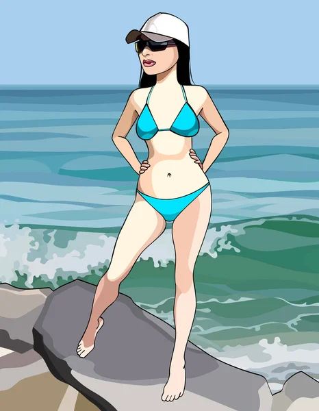 水着とキャップで漫画女性が石の海岸に立っています — ストックベクタ
