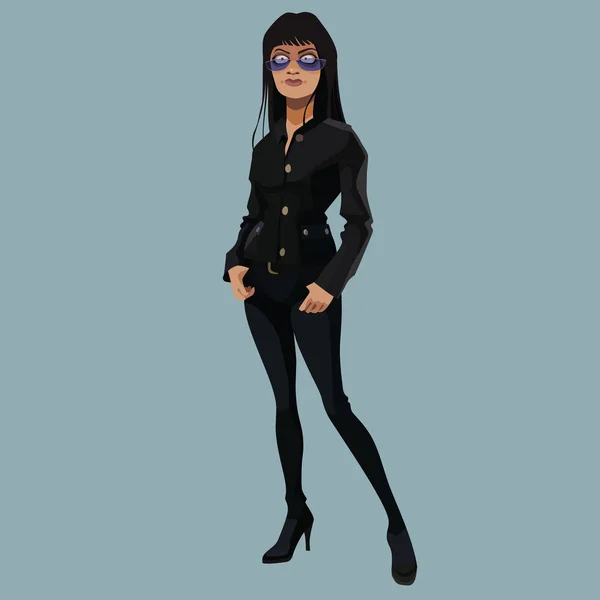 Мультяшна Серйозна Струнка Жінка Чорному Одязі Фіолетових Окулярах — стоковий вектор