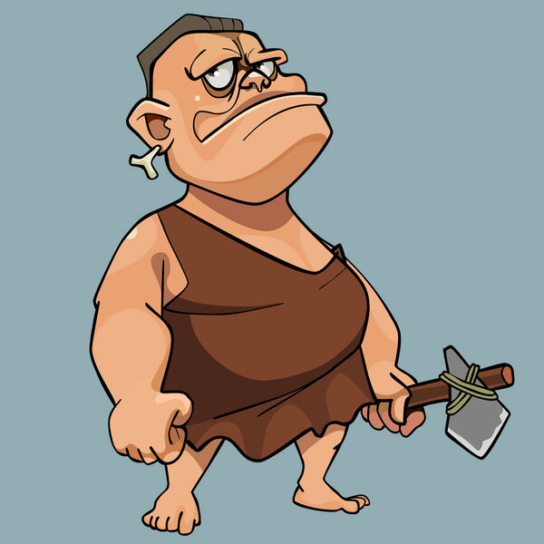 cartoon disgruntled man in a man of stone age clothes with a stone ax in his hand