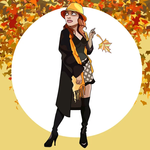 Tecknad Kvinna Kappa Och Hatt Som Beundrar Hösten — Stock vektor
