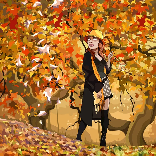动画片妇女走在秋天的森林 看着落叶 — 图库矢量图片