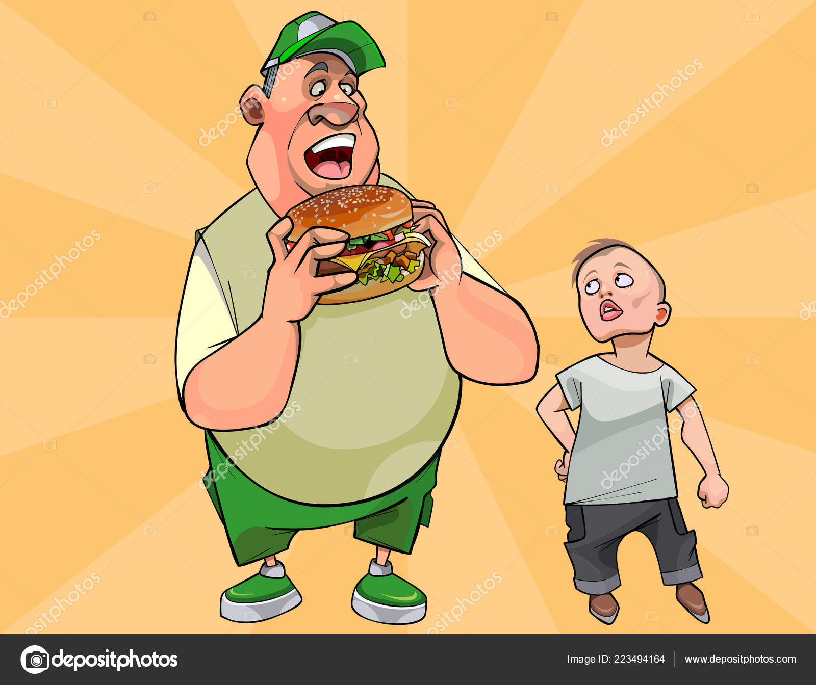 Cartoon Boy Looks Fat Man Eating Big Burger Stock Vector Image by  ©Westamult #223494164