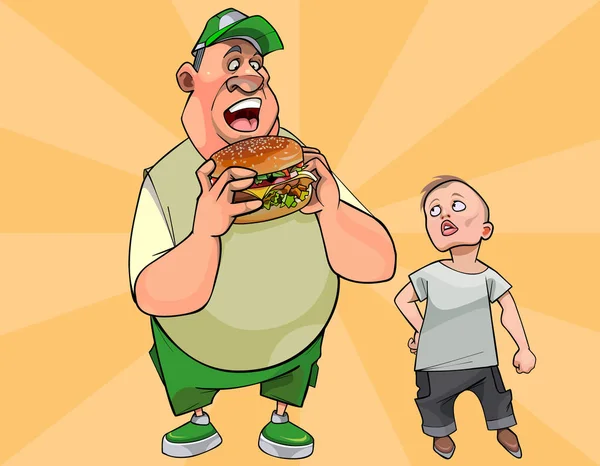 Niño Dibujos Animados Mira Hombre Gordo Comiendo Una Hamburguesa Grande — Archivo Imágenes Vectoriales