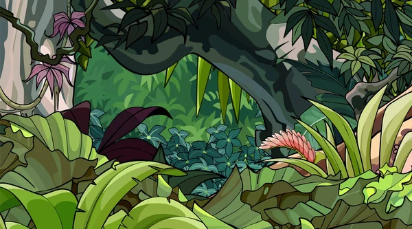 Yemyeşil Bitki Örtüsü Çeşitliliği Ile Çizgi Film Tropik Orman — Stok Vektör