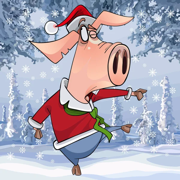 Cartoon Porco Engraçado Roupas Natal Dançando Floresta Inverno —  Vetores de Stock