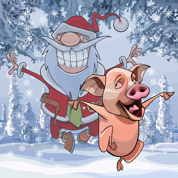Мультяшная Свинья Санта Клаус Счастливо Прыгают Зимнем Лесу — стоковый вектор
